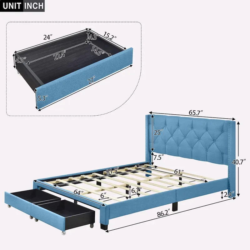 Lit plateforme Queen Size en lin avec 2 tiroirs