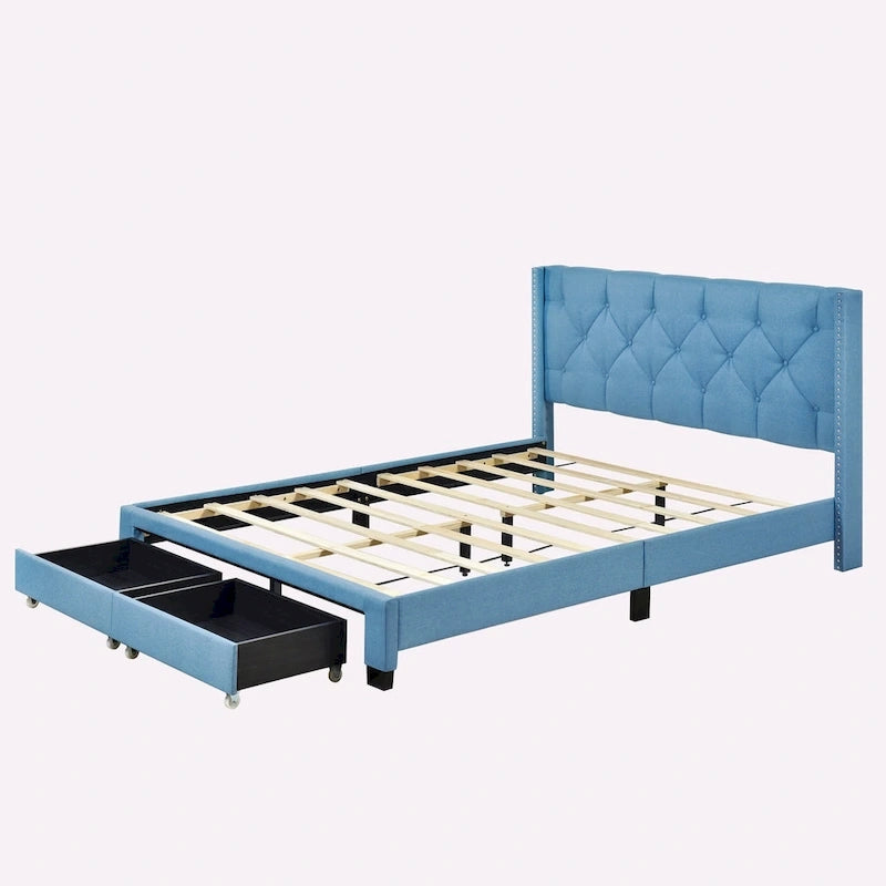 Lit plateforme Queen Size en lin avec 2 tiroirs