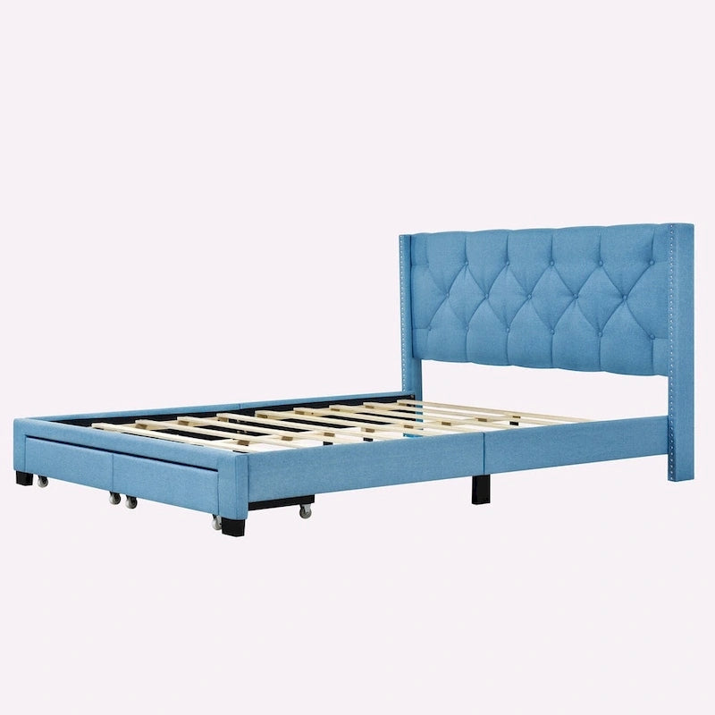 Lit plateforme Queen Size en lin avec 2 tiroirs