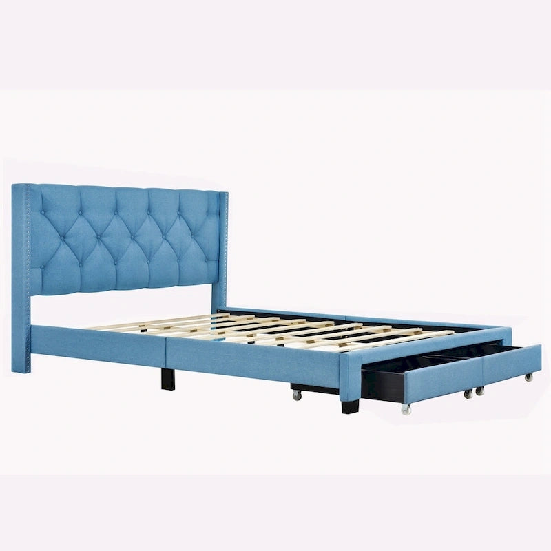 Lit plateforme Queen Size en lin avec 2 tiroirs