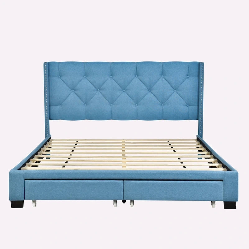 Lit plateforme Queen Size en lin avec 2 tiroirs