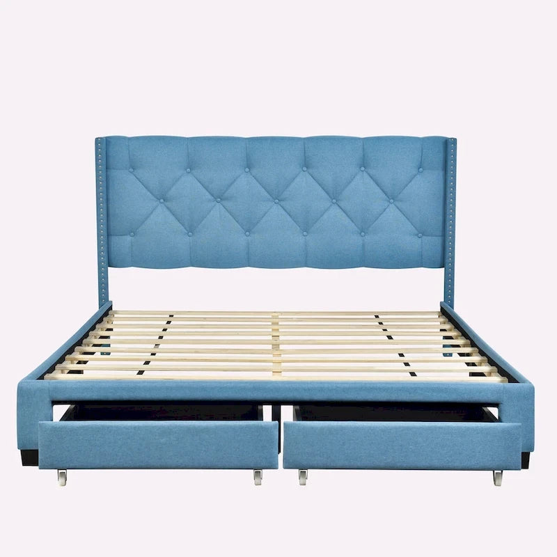 Lit plateforme Queen Size en lin avec 2 tiroirs