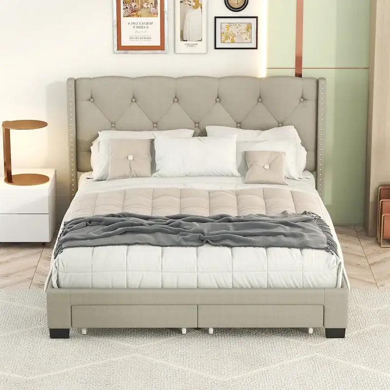 Lit plateforme Queen Size en lin avec 2 tiroirs