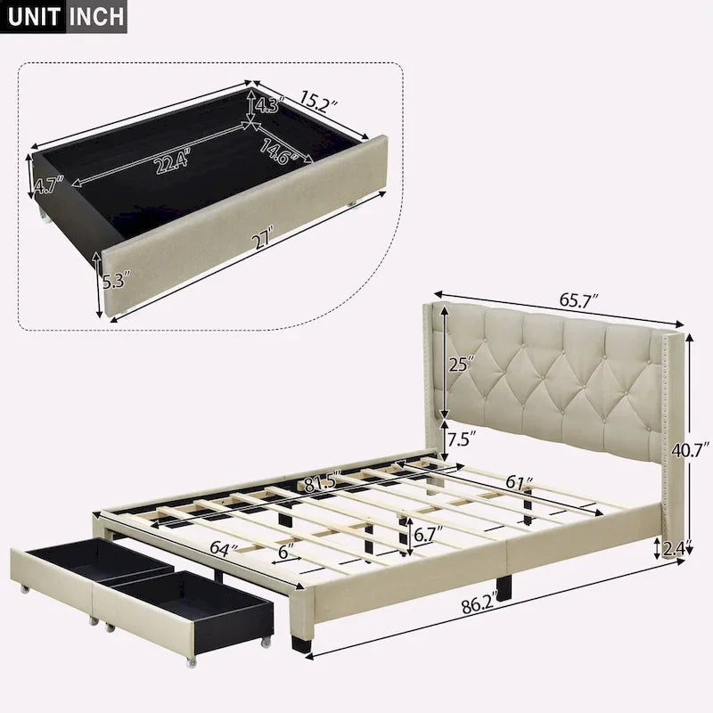 Lit plateforme Queen Size en lin avec 2 tiroirs