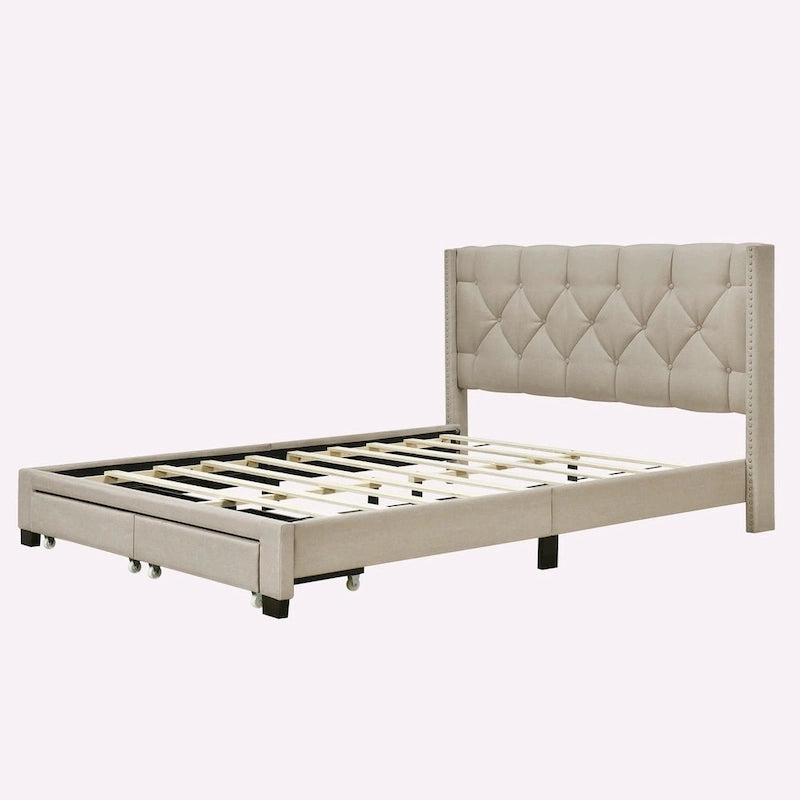 Lit plateforme Queen Size en lin avec 2 tiroirs