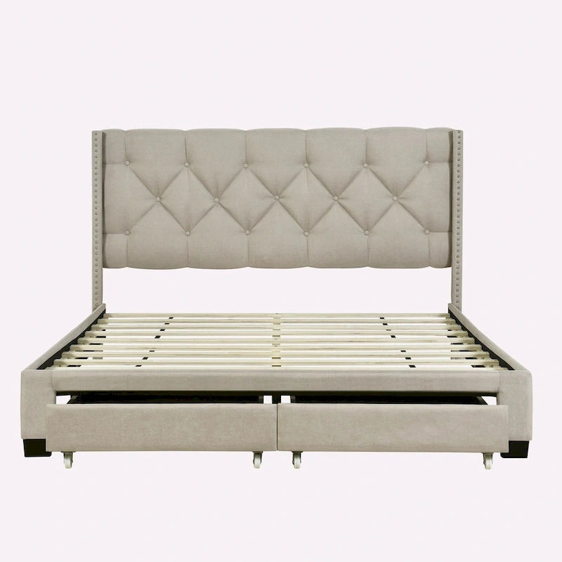 Lit plateforme Queen Size en lin avec 2 tiroirs