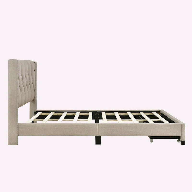 Lit plateforme Queen Size en lin avec 2 tiroirs