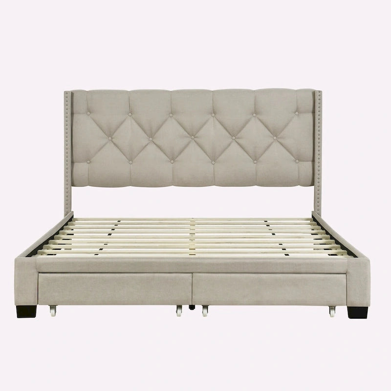 Lit plateforme Queen Size en lin avec 2 tiroirs