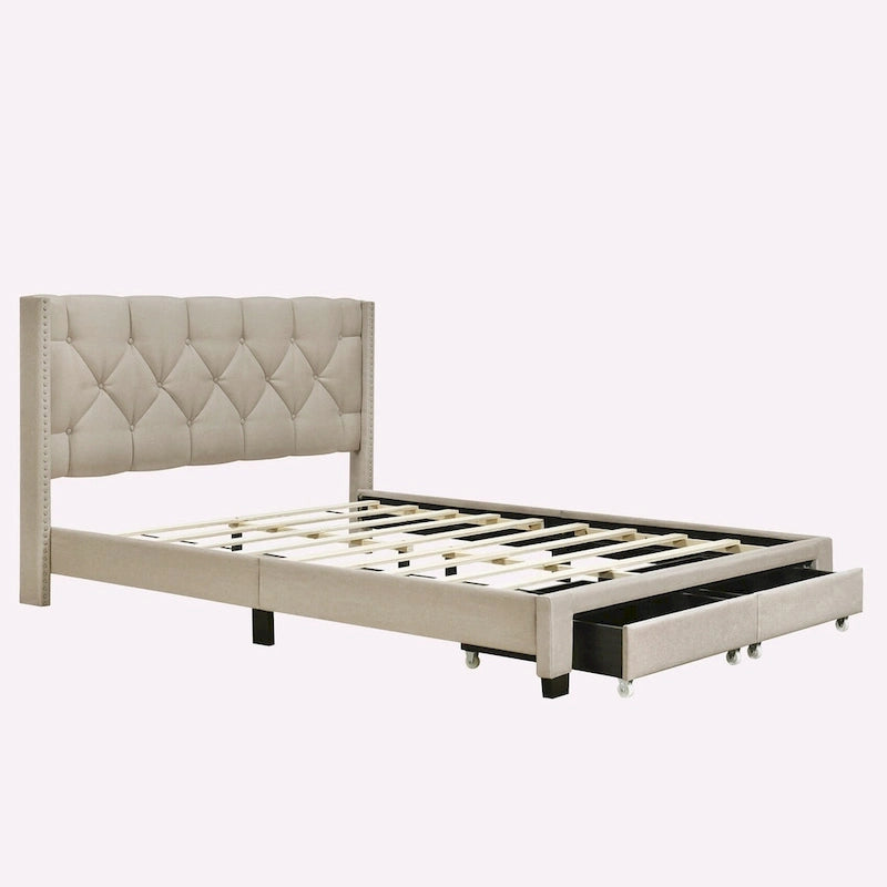 Lit plateforme Queen Size en lin avec 2 tiroirs