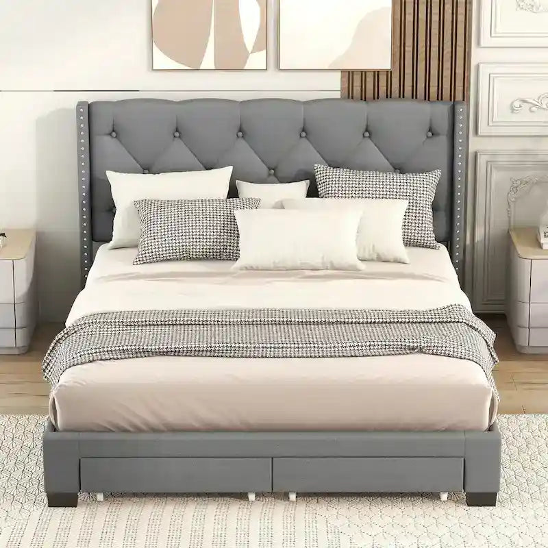 Lit plateforme Queen Size en lin avec 2 tiroirs