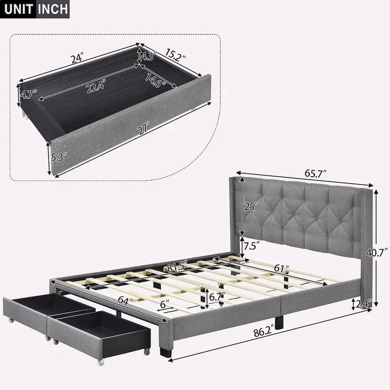 Lit plateforme Queen Size en lin avec 2 tiroirs