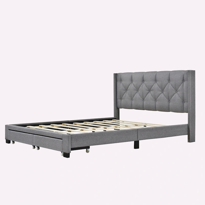 Lit plateforme Queen Size en lin avec 2 tiroirs