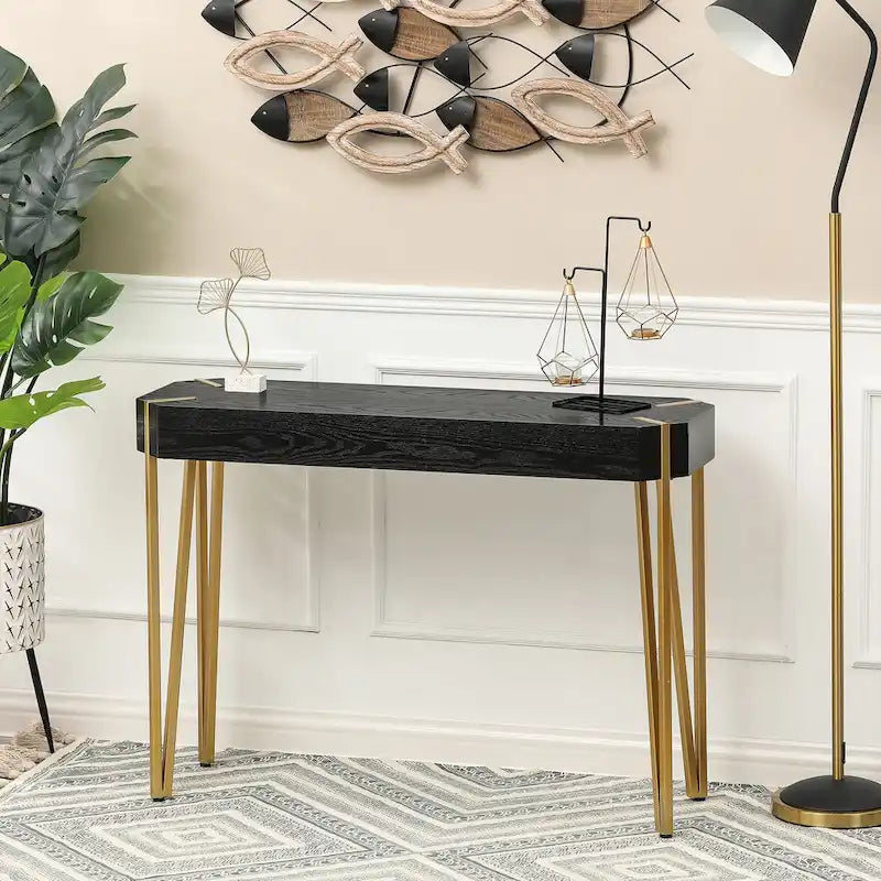 Console et table d'entrée en bois noir et métal doré