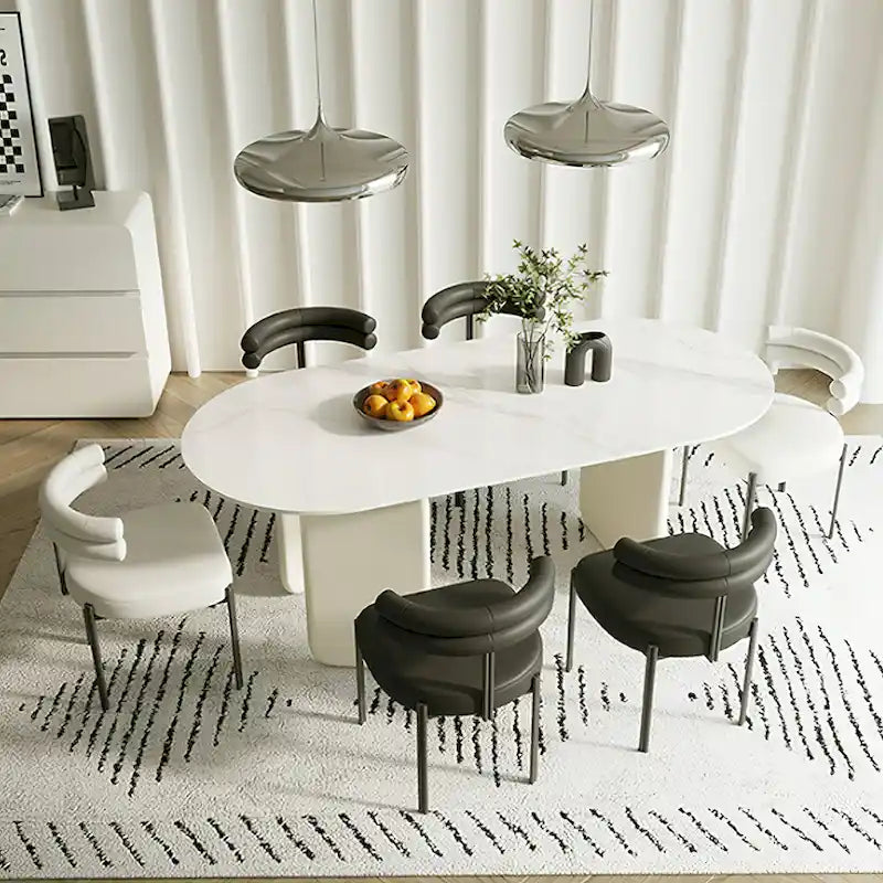Table à manger ovale moderne en similicuir marbre crème