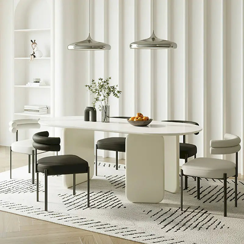Table à manger ovale moderne en similicuir marbre crème