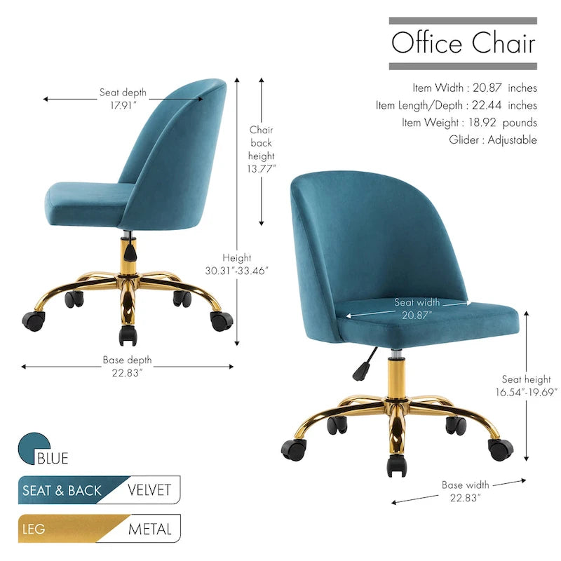 Chaise de bureau sans accoudoirs en velours