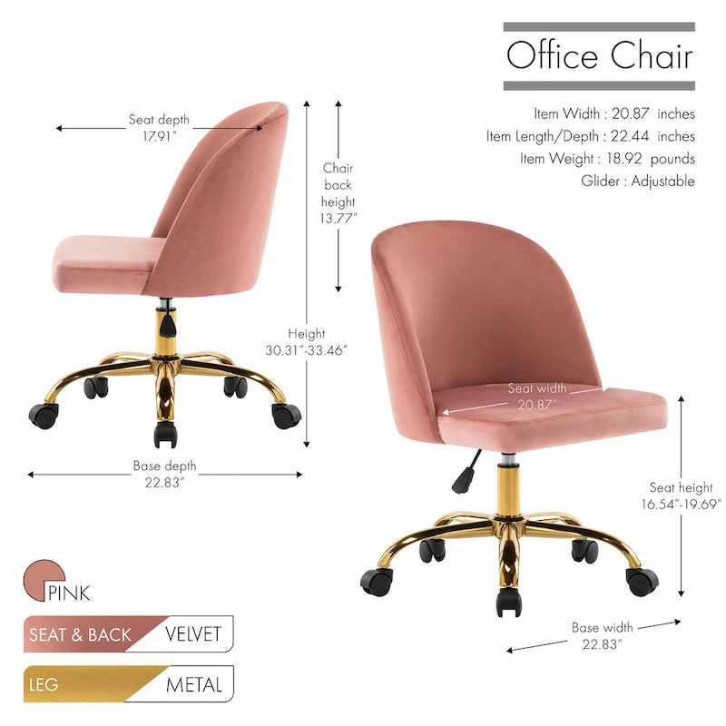 Chaise de bureau sans accoudoirs en velours
