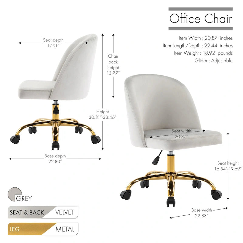 Chaise de bureau sans accoudoirs en velours