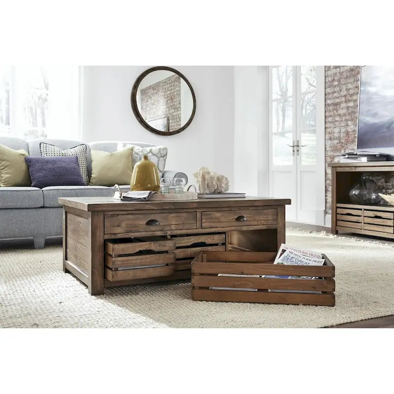 Table basse de rangement relevable à roulettes de style rustique, couleur muscade chaude