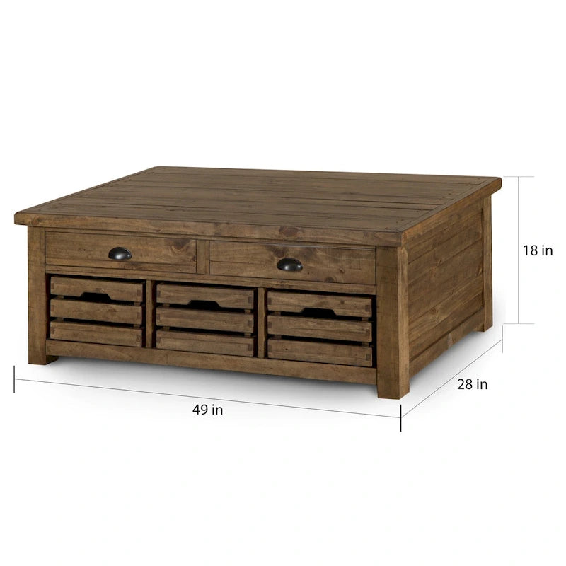Table basse de rangement relevable à roulettes de style rustique, couleur muscade chaude