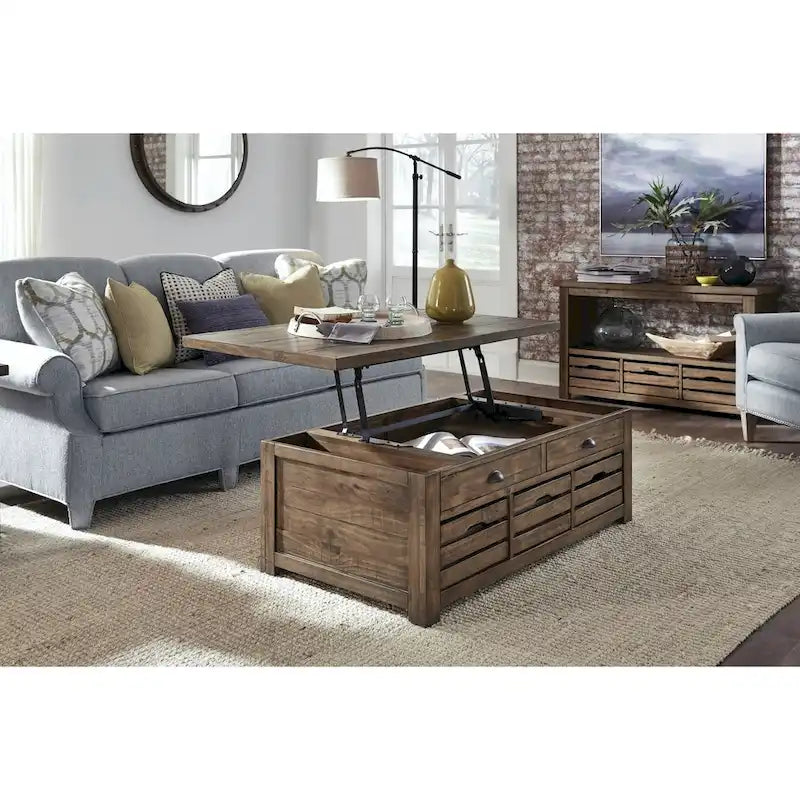Table basse de rangement relevable à roulettes de style rustique, couleur muscade chaude