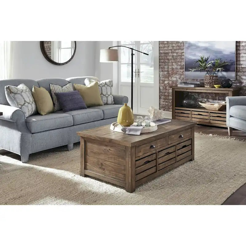 Table basse de rangement relevable à roulettes de style rustique, couleur muscade chaude