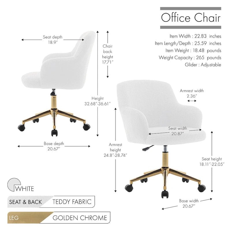 Chaise de bureau pivotante, tissu peluche