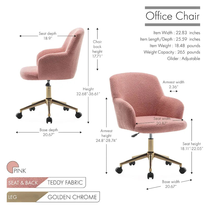 Chaise de bureau pivotante, tissu peluche