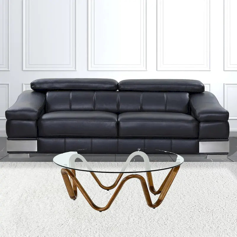 Table basse ronde abstraite en bois de noyer et verre transparent