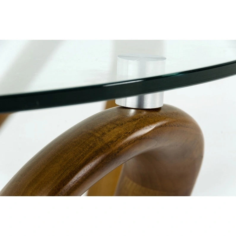 Table basse ronde abstraite en bois de noyer et verre transparent