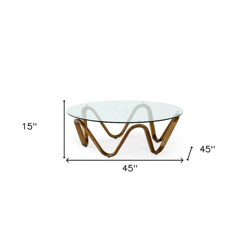Table basse ronde abstraite en bois de noyer et verre transparent