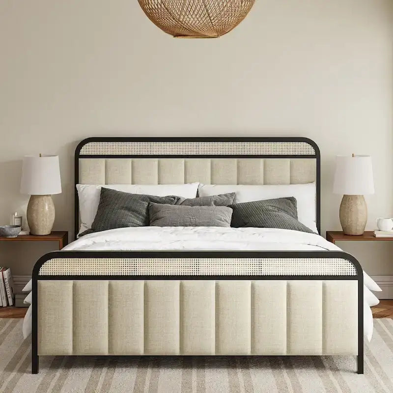 Lit moderne en bois massif et rotin