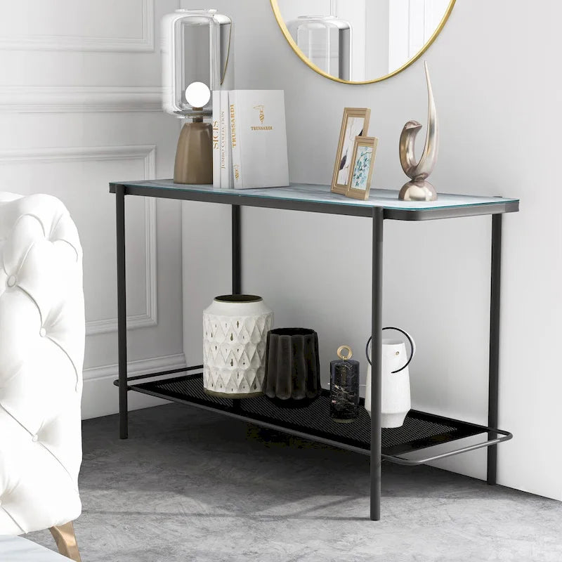 Table basse de style moderne avec plateau en verre blanc