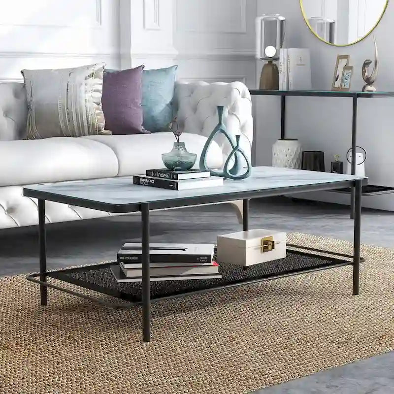 Table basse de style moderne avec plateau en verre blanc