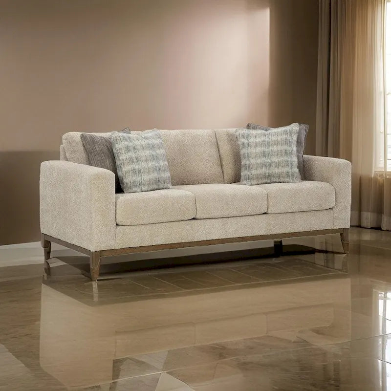 Klyn 93 Inch Sofa, 4 Accent Pillows, Faux Wood Feet, Beige Polyester